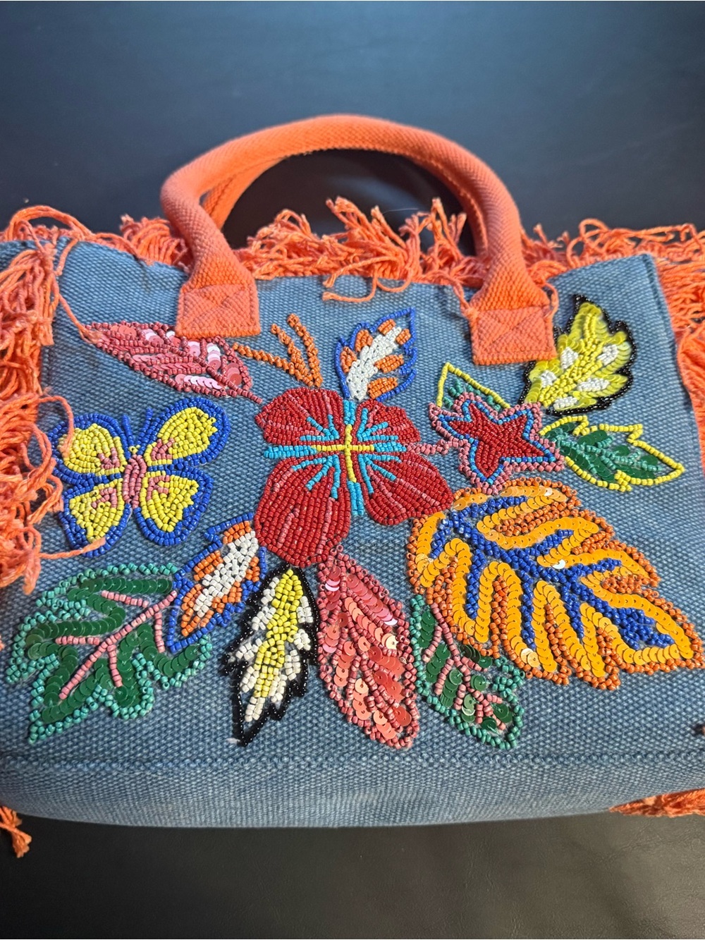 America & Beyond Orange-Fringe Trim Beaded Floral Tote Bag - Picture 3 of 11